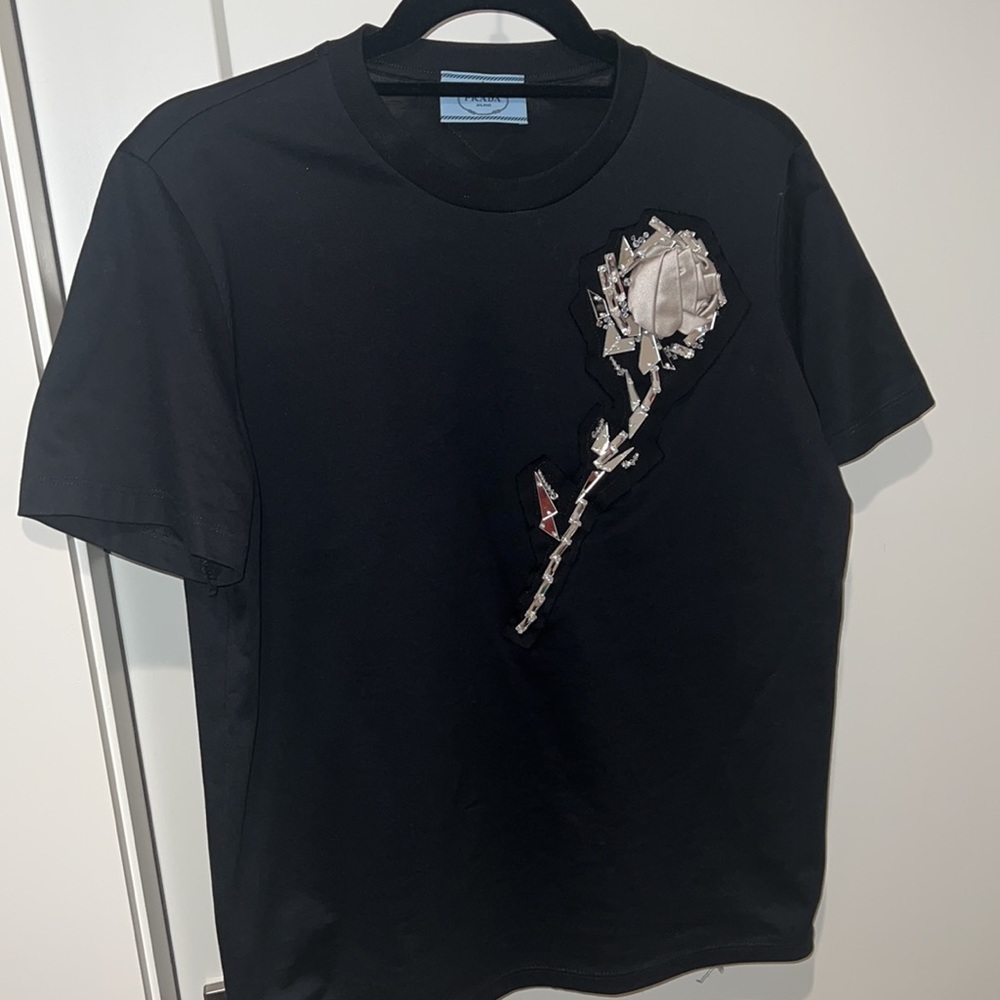 PRADA black shirt with silver/gray silk rose & mirrored glass appliqué LIKE NEW!